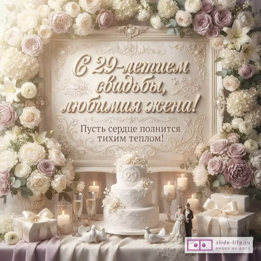Открытка с цветочной аркой, бежевым фоном и текстом «С 29-летием свадьбы, любимая жена! Пусть сердце полнится тихим теплом!»