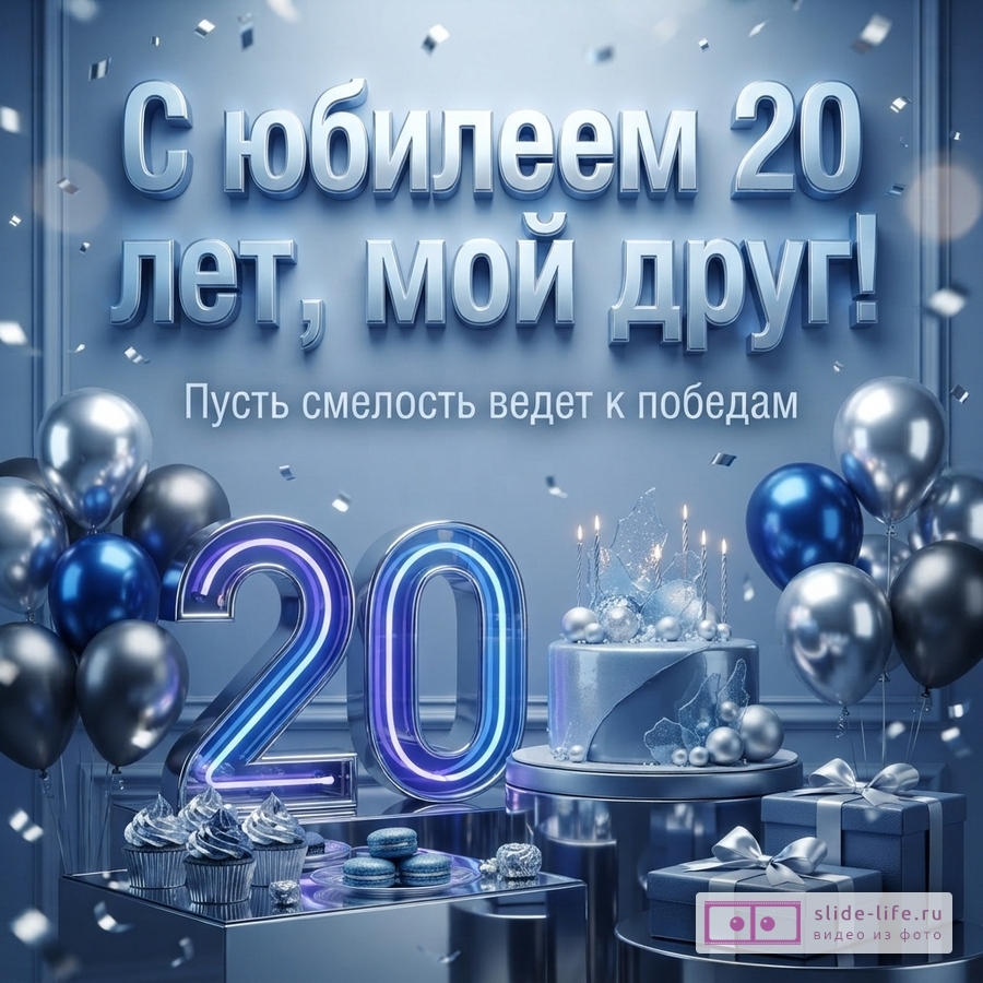 Открытка в серо-голубых тонах с праздничным тортом, неоновой цифрой 20, шарами и надписью «С юбилеем 20 лет, мой друг! Пусть смелость ведет к победам».