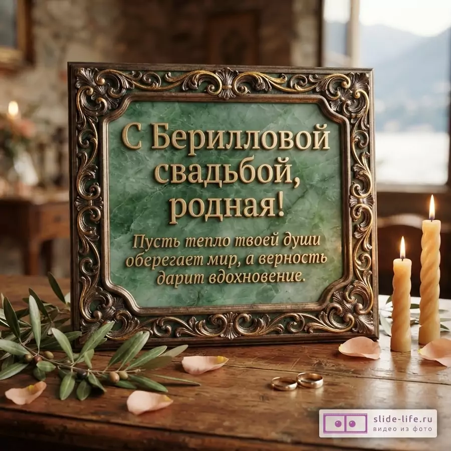 Зеленая каменная табличка в резной рамке с текстом «С Берилловой свадьбой, родная! Пусть тепло твоей души оберегает мир, а верность дарит вдохновение» рядом со свечами и кольцами.
