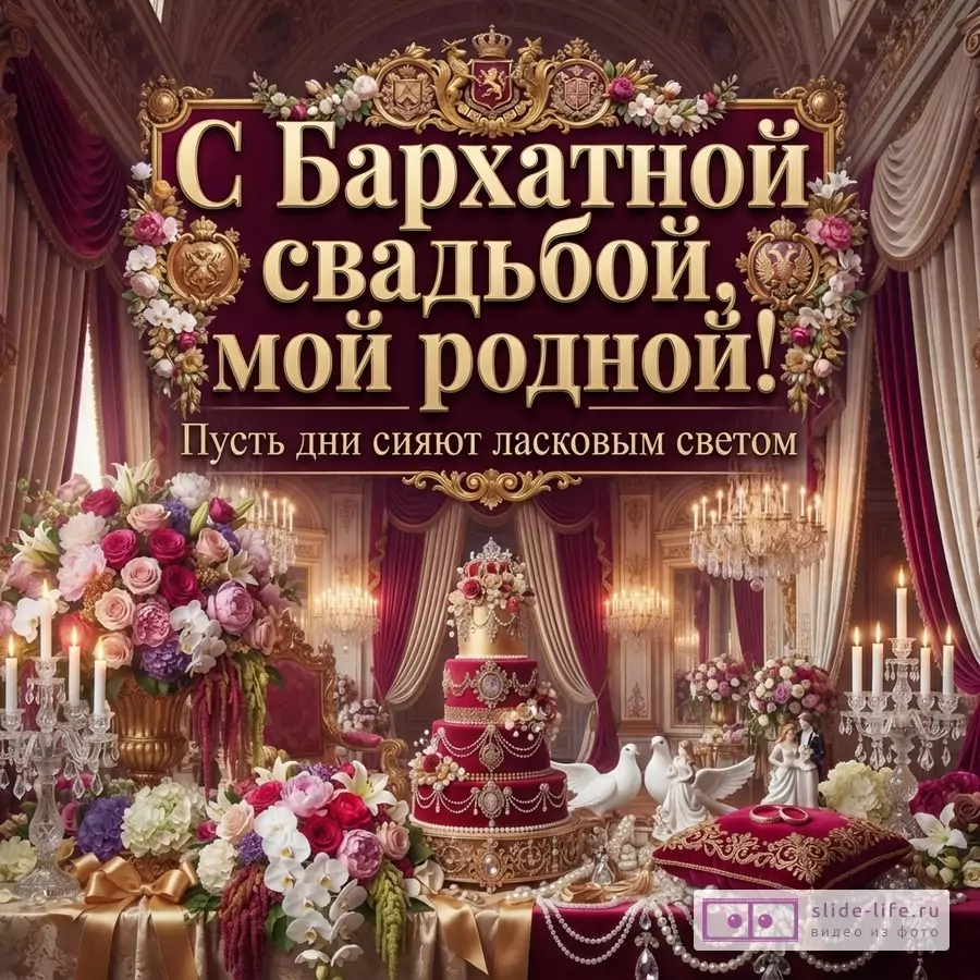 Фон бордовый с золотым обрамлением, в центре надпись «С Бархатной свадьбой, мой родной! Пусть дни сияют ласковым светом».