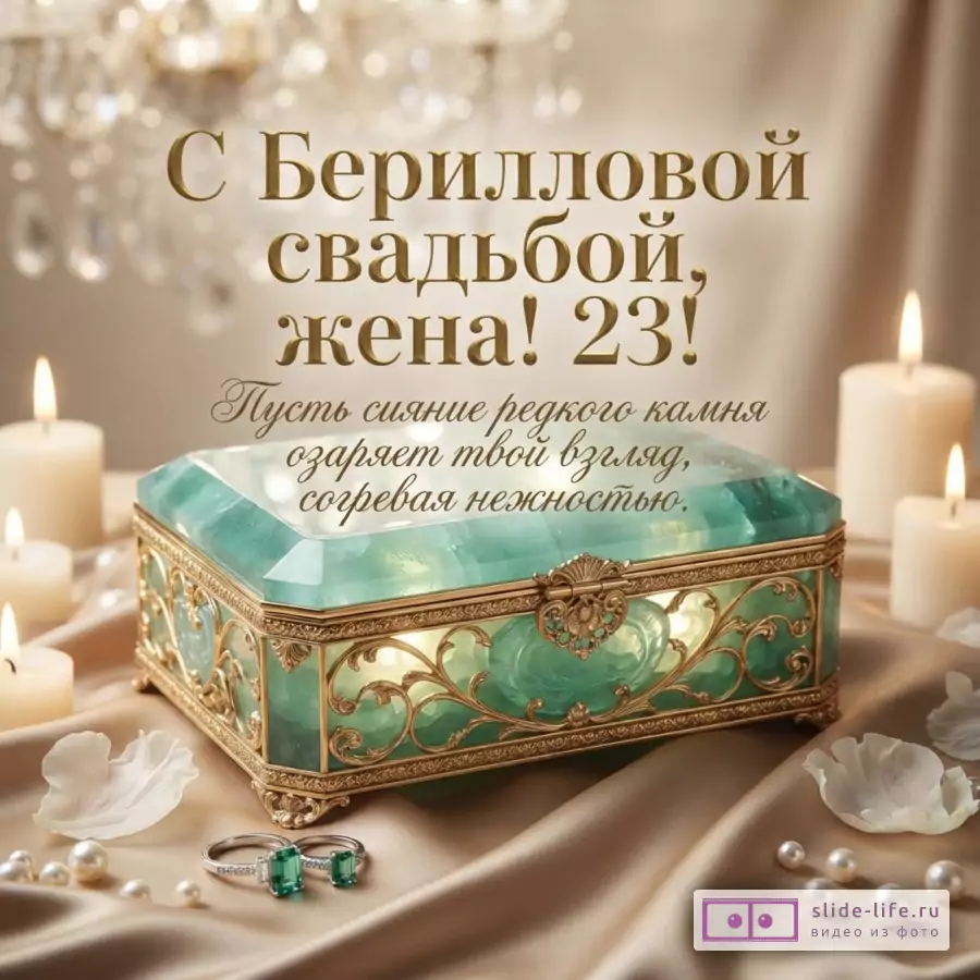Шкатулка из зеленого берилла в золотой оправе, кольца с изумрудами, свечи и текст «С Берилловой свадьбой, жена! 23! Пусть сияние редкого камня озаряет твой взгляд, согревая нежностью.»