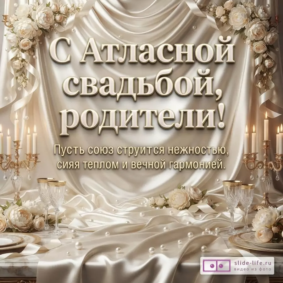 Драпировка из бежевого атласа, белые пионы, жемчуг, бокалы, канделябры со свечами и текст: «С Атласной свадьбой, родители! Пусть союз струится нежностью, сияя теплом и вечной гармонией.»