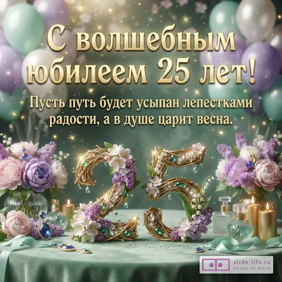 Объемная цифра 25 из золотистых веток и цветов сирени на зеленом столе с воздушными шарами и надписью «С волшебным юбилеем 25 лет! Пусть путь будет усыпан лепестками радости, а в душе царит весна.»