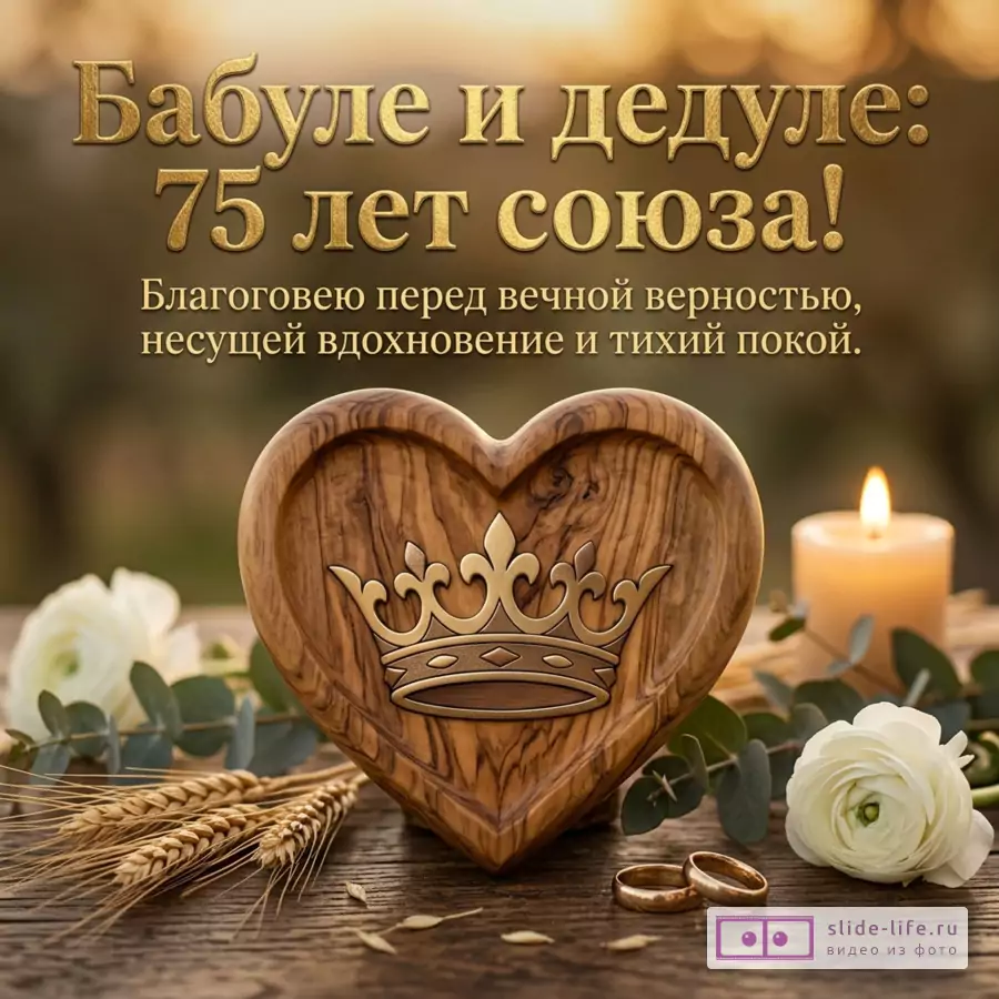 Деревянное сердце с короной, золотые кольца, свеча и белые цветы. Текст: «Бабуле и дедуле: 75 лет союза! Благоговею перед вечной верностью, несущей вдохновение и тихий покой.»