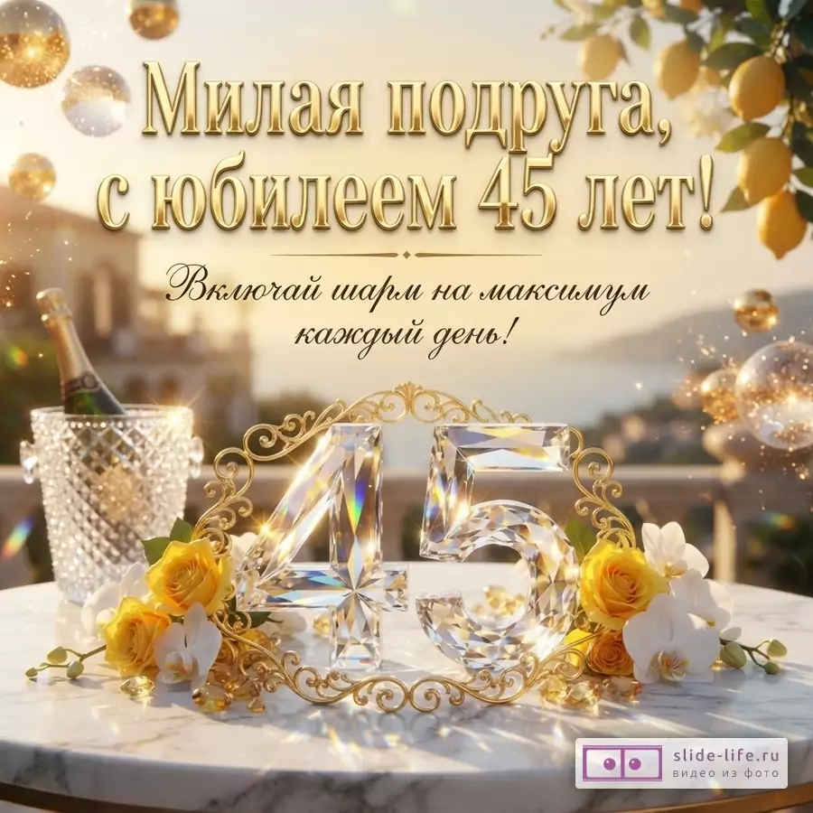 Открытка с золотым фоном, золотыми буквами и бриллиантовыми цифрами «45». Текст: «Милая подруга, с юбилеем 45 лет! Включай шарм на максимум каждый день!»