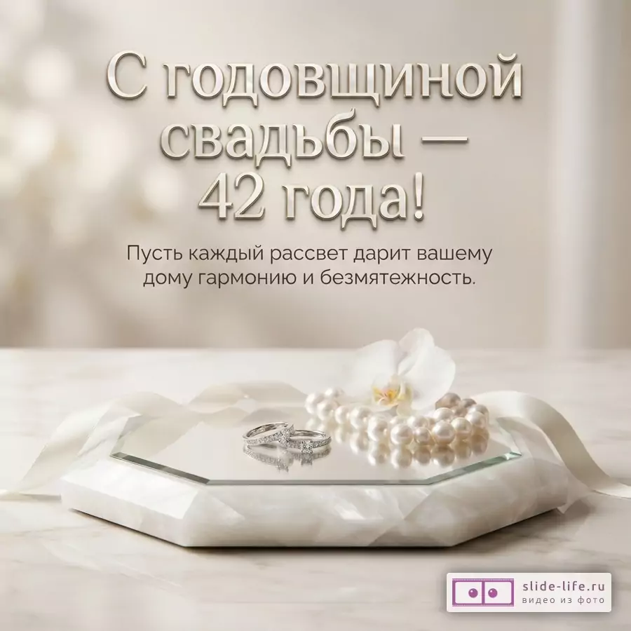 Фон бежевый размытый. В центре надпись «С годовщиной свадьбы — 42 года! Пусть каждый рассвет дарит вашему дому гармонию и безмятежность.». Внизу на белой мраморной подставке два кольца, жемчужное ожерелье и белая орхидея.