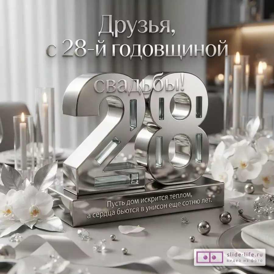 Серебристый фон, на переднем плане цифра «28» из никеля, белые орхидеи, свечи. Текст: «Друзья, с 28-й годовщиной свадьбы! Пусть дом искрится теплом, а сердца бьются в унисон еще сотню лет.»