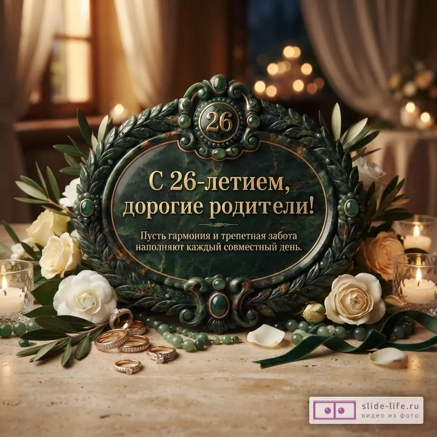 Зеленая открытка с венком из листьев, цифрой «26», золотым текстом «С 26-летием, дорогие родители! Пусть гармония и трепетная забота наполняют каждый совместный день.», розами и свечами на столе.