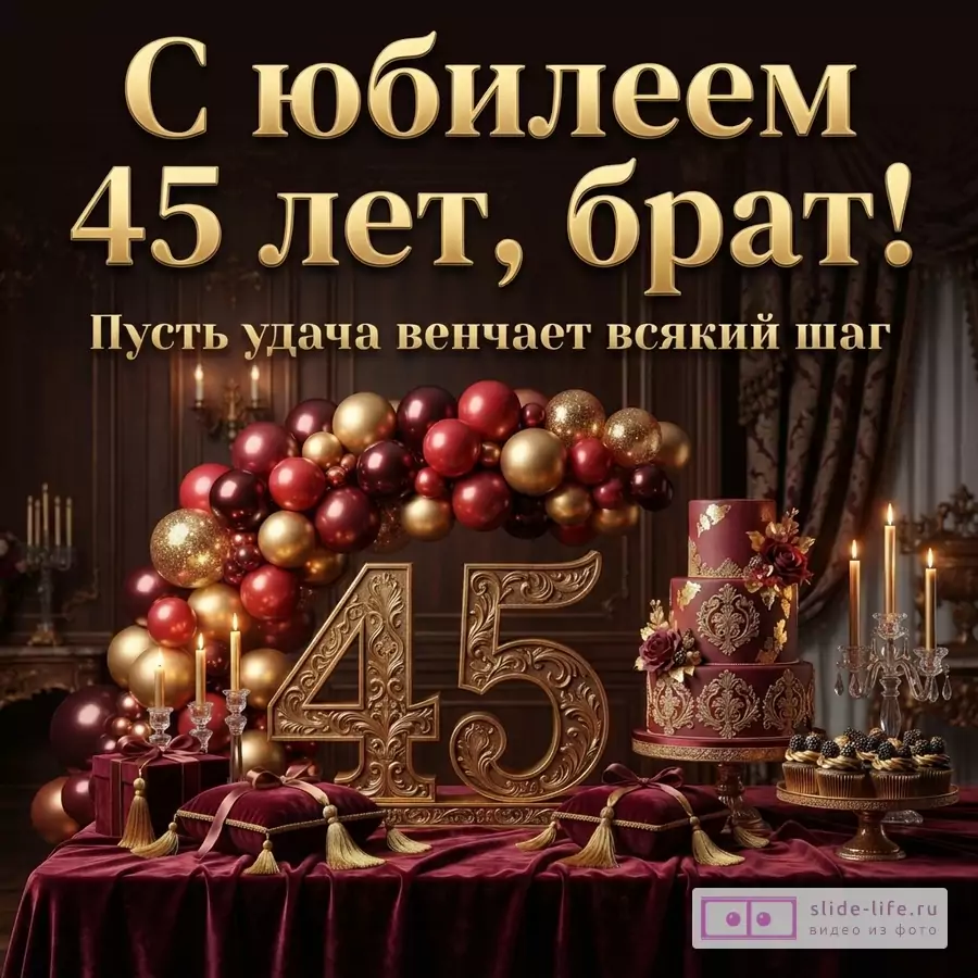 Открытка с золотыми буквами на темно-коричневом фоне. Текст «С юбилеем 45 лет, брат! Пусть удача венчает всякий шаг». Внизу золотые цифры «45», красные и золотые шары, бордовый торт с золотым узором, кексы.