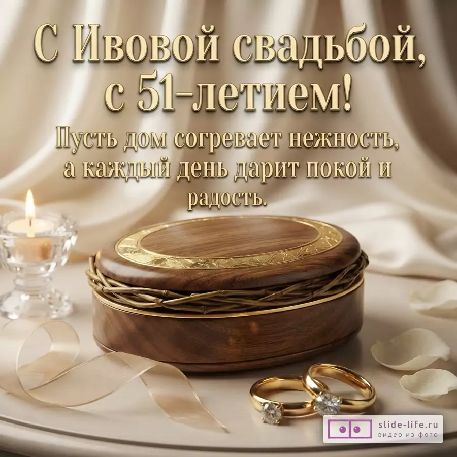 Бежевый фон, золотой текст, свеча, деревянная шкатулка, два золотых кольца с бриллиантами, белые лепестки. Текст: «С Ивовой свадьбой, с 51-летием! Пусть дом согревает нежность, а каждый день дарит покой и радость.»