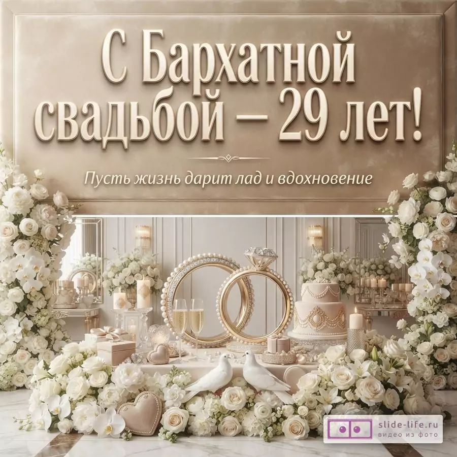 Бежевый фон, крупный текст «С Бархатной свадьбой — 29 лет!», ниже строка «Пусть жизнь дарит лад и вдохновение», внизу свадебная композиция с белыми цветами, кольцами, тортом и свечами.