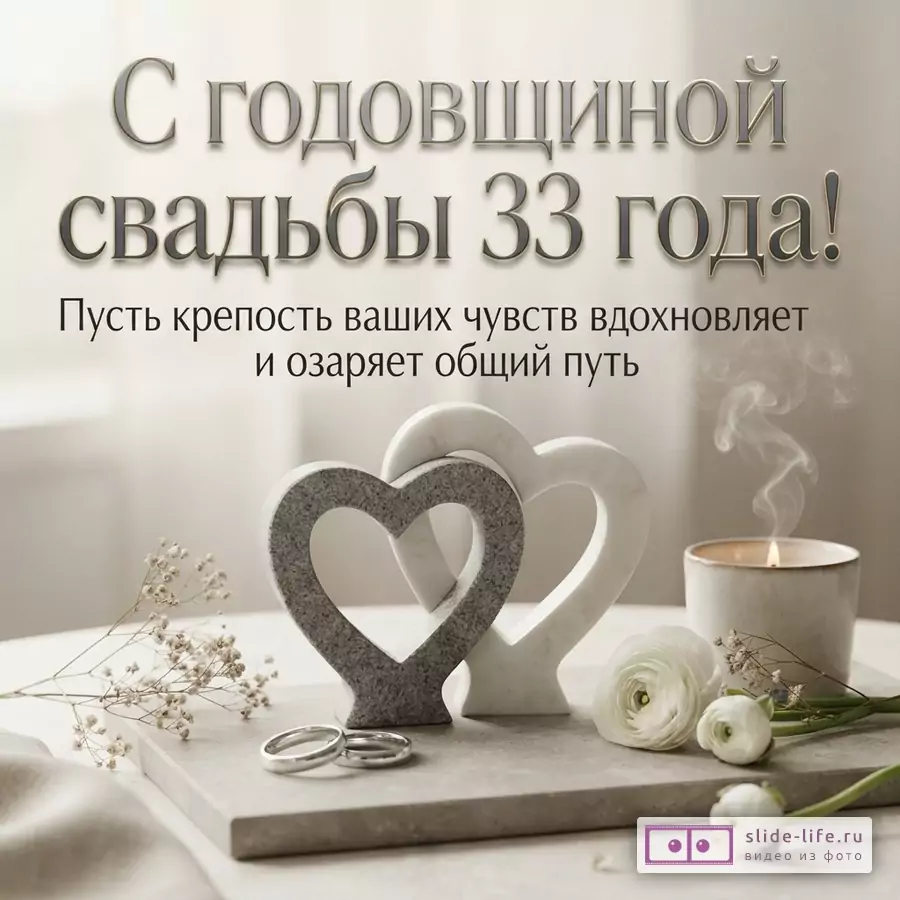 Светло-бежевый фон, два сердца из камня (серое и белое), два обручальных кольца, белые цветы, горящая свеча. Текст: «С годовщиной свадьбы 33 года! Пусть крепость ваших чувств вдохновляет и озаряет общий путь»