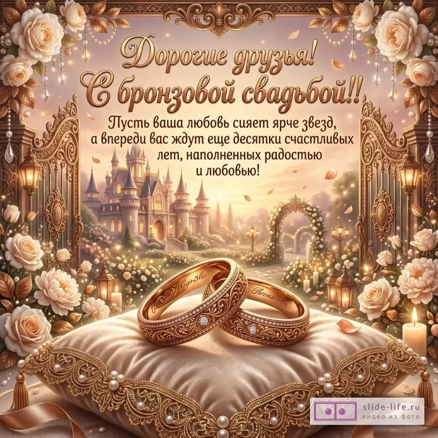 Бежево-золотой фон, белые и кремовые розы, свечи, замок, декоративная арка и две бронзовые обручальные кольца на подушке, текст «Дорогие друзья! С бронзовой свадьбой!!».