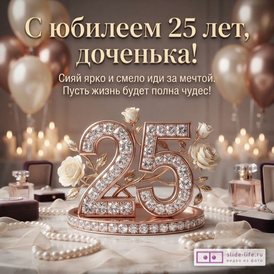 Бело-розово-коричневая праздничная композиция с шарами, розами и декоративными цифрами 25. Текст: «С юбилеем 25 лет, доченька! Сияй ярко и смело иди за мечтой. Пусть жизнь будет полна чудес!»