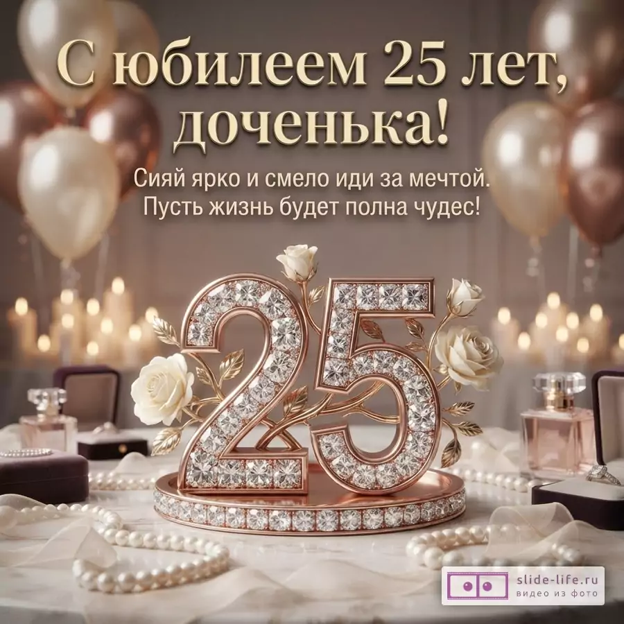 Бело-розово-коричневая праздничная композиция с шарами, розами и декоративными цифрами 25. Текст: «С юбилеем 25 лет, доченька! Сияй ярко и смело иди за мечтой. Пусть жизнь будет полна чудес!»
