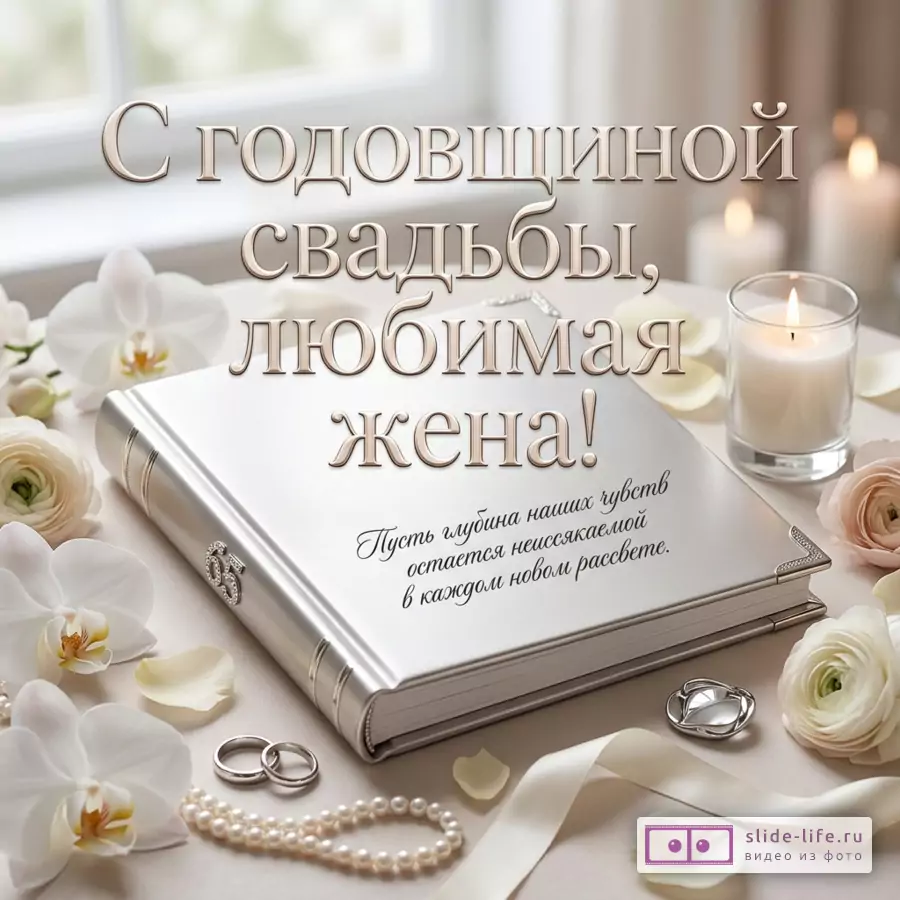 Белая книга с числом 65, свечи, белые орхидеи, розы, жемчуг, обручальные кольца, светлый фон, текст «С годовщиной свадьбы, любимая жена! Пусть глубина наших чувств остается неиссякаемой в каждом новом рассвете.»