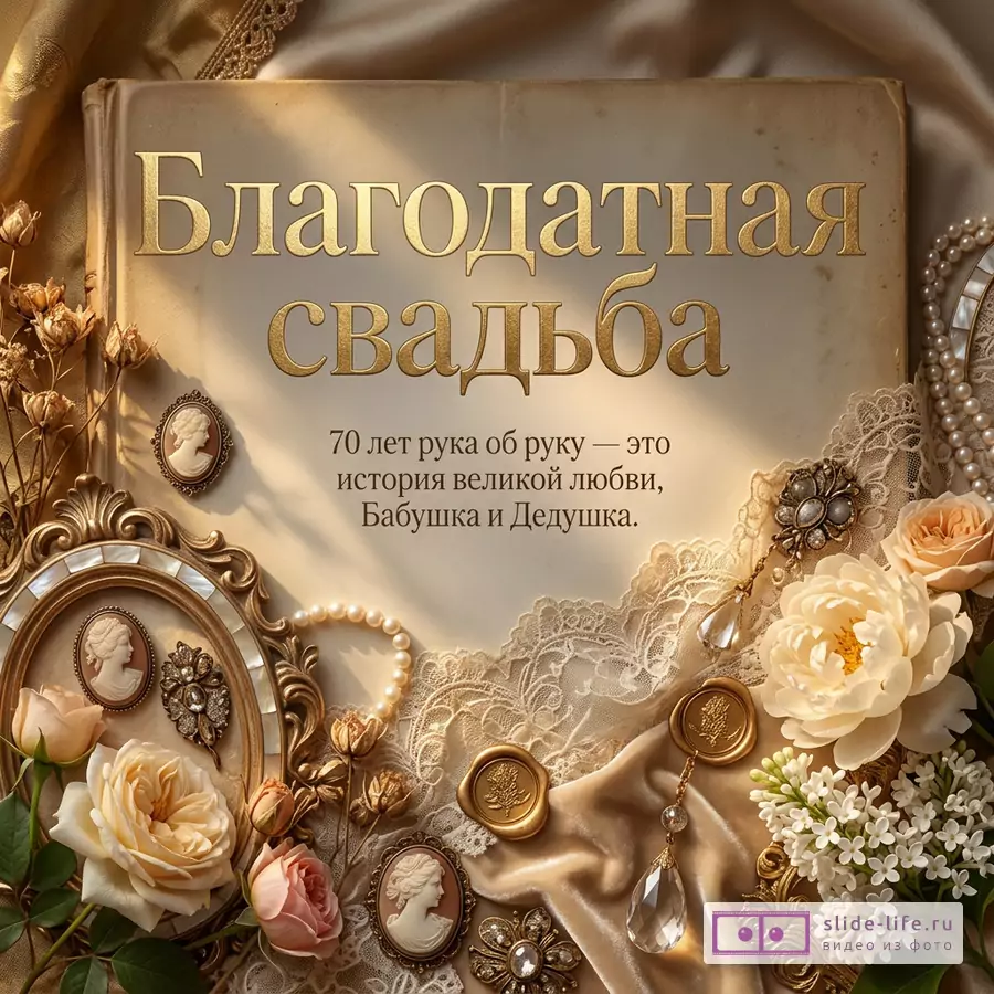 Винтажная открытка в бежево-золотых тонах с кружевом, жемчугом, камеями, цветами и рамкой, текст «Благодатная свадьба 70 лет рука об руку — это история великой любви, Бабушка и Дедушка.»