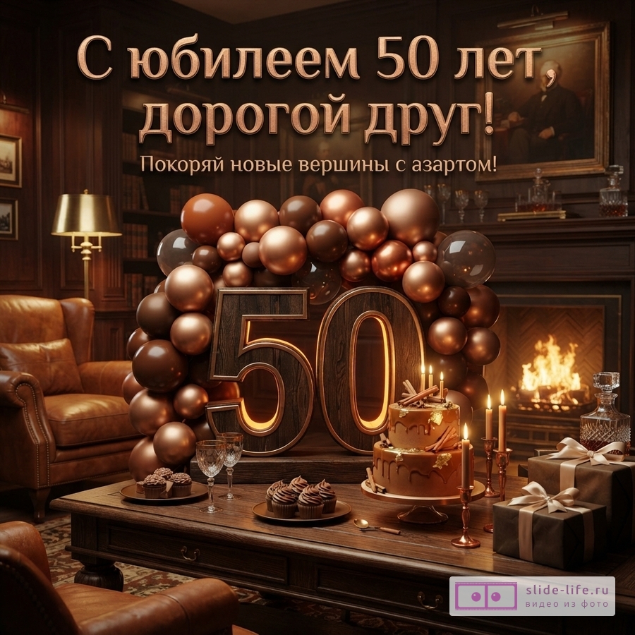 Открытка с юбилеем 50 лет другу, фон темный, надпись «С юбилеем 50 лет, дорогой друг! Покоряй новые вершины с азартом!»