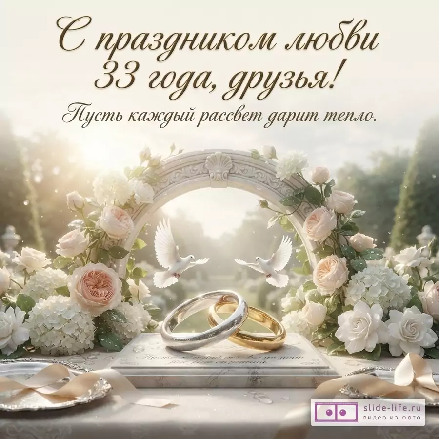 Светлый фон, цветочная арка, два обручальных кольца, два белых голубя. Текст: «С праздником любви 33 года, друзья! Пусть каждый рассвет дарит тепло.»