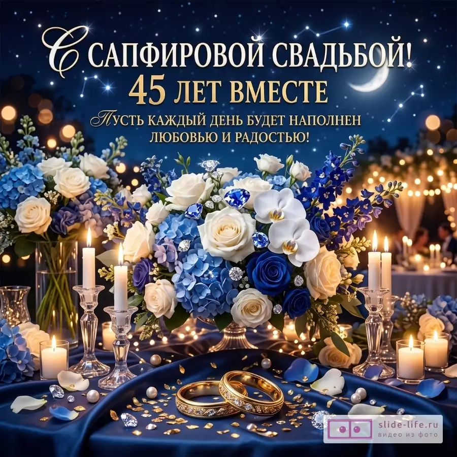 Темно-синий звездный фон с луной и свечами, букеты белых, голубых и синих роз, золотые кольца. Текст: «С сапфировой свадьбой! 45 лет вместе. Пусть каждый день будет наполнен любовью и радостью!»
