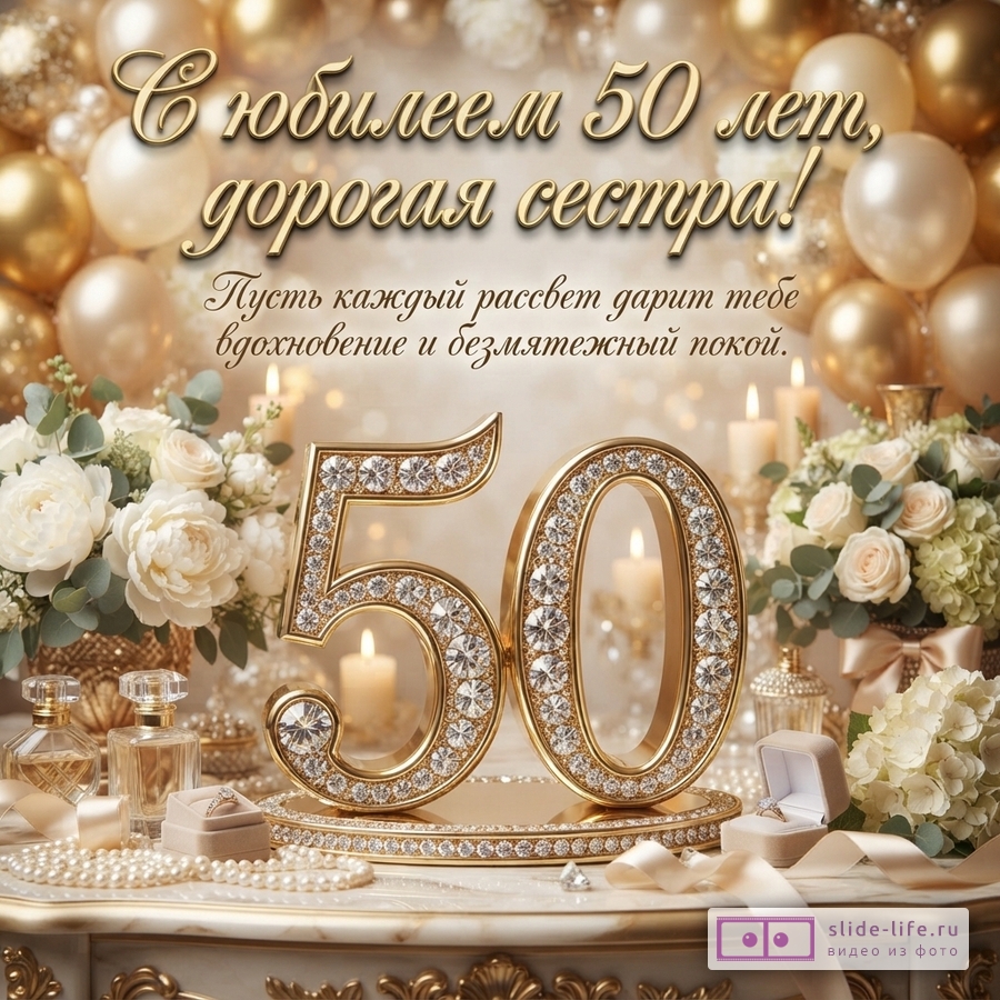Золотистый фон с воздушными шарами, белыми цветами и свечами. В центре золотые цифры «50» с бриллиантами. Текст: «С юбилеем 50 лет, дорогая сестра! Пусть каждый рассвет дарит тебе вдохновение и безмятежный покой.»