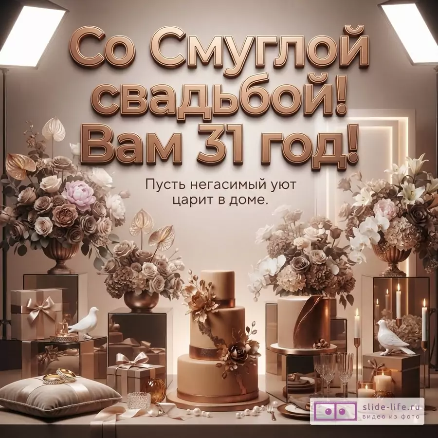 Бежево-коричневая открытка с объемным текстом «Со Смуглой свадьбой! Вам 31 год! Пусть негасимый уют царит в доме.», цветами, свечами, подарками и свадебным декором.