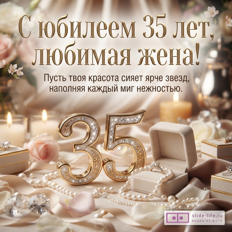 Открытка с бежевым фоном, золотыми буквами и цифрами 35, украшенными стразами. Присутствуют свечи, жемчуг и кольцо в коробочке. Текст: «С юбилеем 35 лет, любимая жена! Пусть твоя красота сияет ярче звезд, наполняя каждый миг нежностью.»