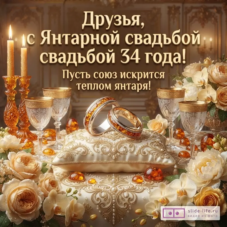 Фон золотисто-бежевый, на переднем плане стол с белой скатертью, на ней две свечи в янтарных подсвечниках, два бокала, две янтарные обручальные кольца на подушечке, цветы. Текст: «Друзья, с Янтарной свадьбой 34 года! Пусть союз искрится теплом янтаря!»