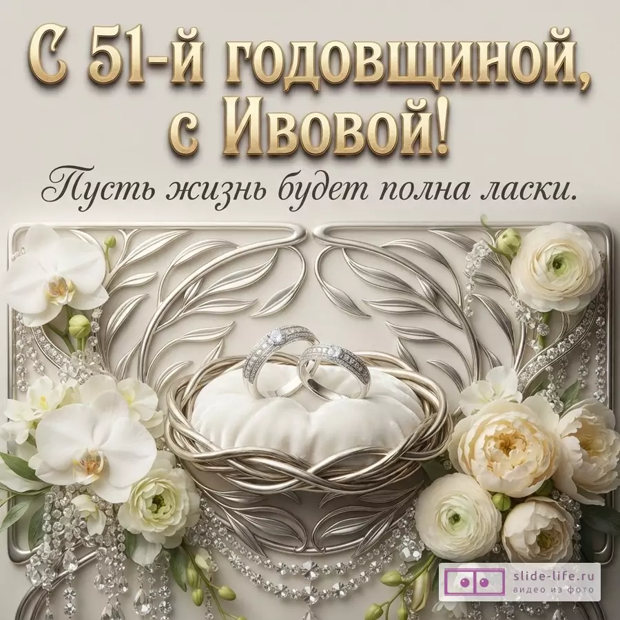 Бежево-золотая открытка с цветами, сердцем, двумя кольцами и текстом «С 51-й годовщиной, с Ивовой! Пусть жизнь будет полна ласки.»