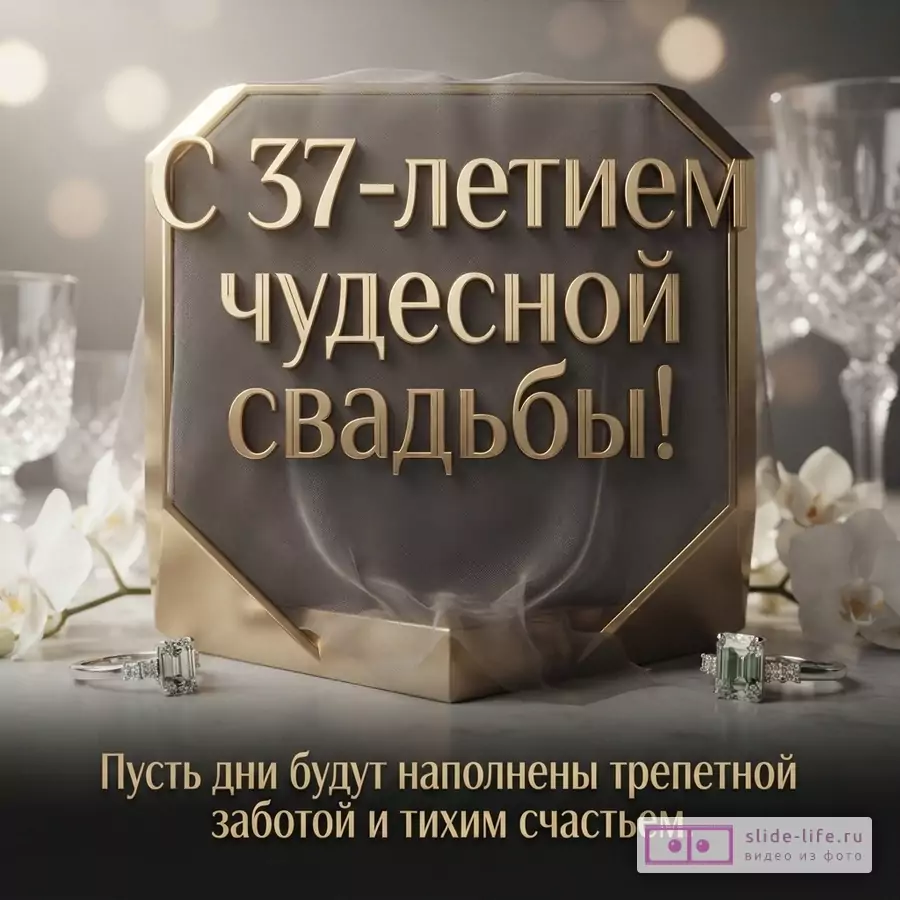Золотые буквы на сером фоне в золотой рамке, два кольца с зелеными камнями, белые орхидеи, бокалы. Текст: «С 37-летием чудесной свадьбы! Пусть дни будут наполнены трепетной заботой и тихим счастьем.»