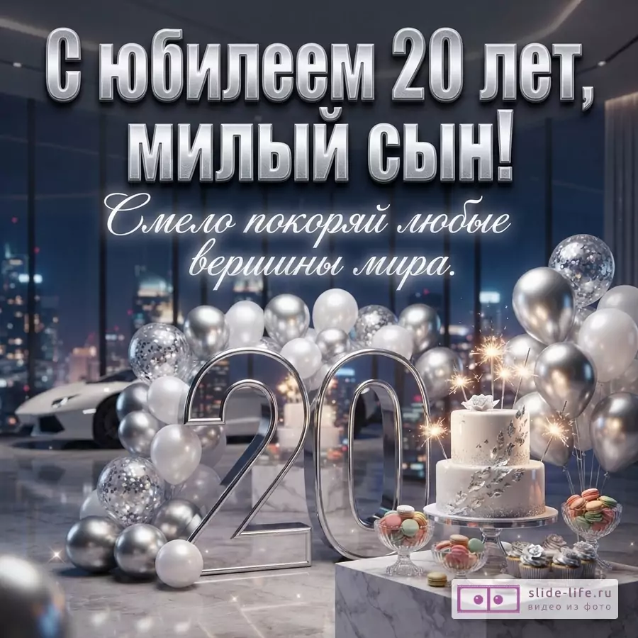 Большая серебряная цифра 20, праздничный торт с бенгальскими огнями, воздушные шары и текст «С юбилеем 20 лет, милый сын! Смело покоряй любые вершины мира.»
