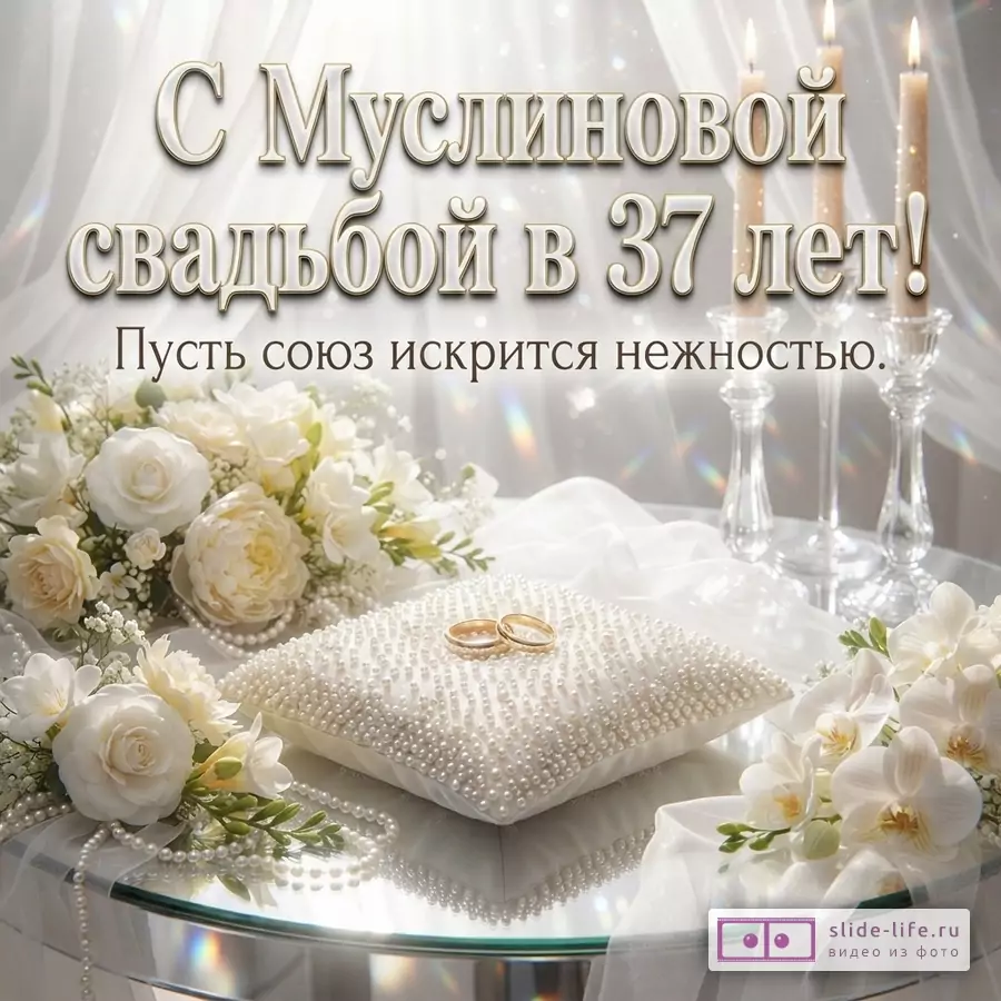 Белый фон, свадебный букет из белых роз, подушечка для колец с жемчугом, два золотых кольца, свечи в подсвечниках. Текст: «С Муслиновой свадьбой в 37 лет! Пусть союз искрится нежностью.»
