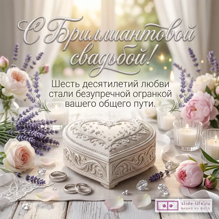 Открытка с цветами, свечами, кольцами, кристаллами и шкатулкой в форме сердца на светлом фоне, текст «С Бриллиантовой свадьбой! Шесть десятилетий любви стали безупречной огранкой вашего общего пути.»