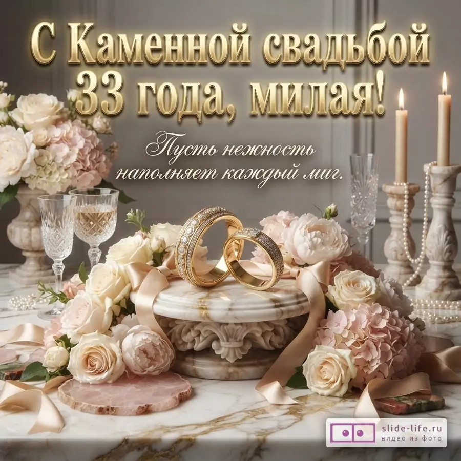 Золотой текст на темно-сером фоне «С Каменной свадьбой 33 года, милая! Пусть нежность наполняет каждый миг.». На переднем плане золотые обручальные кольца с бриллиантами, белые и розовые цветы, бежевая лента, розовые камни, жемчужные бусы, хрустальные бокалы, свечи в подсвечниках. Мраморная столешница.