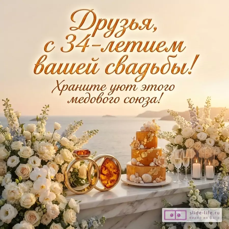 Открытка с янтарным фоном, на переднем плане свадебный торт, цветы, кольца с янтарем, бокалы, свечи. Текст: «Друзья, с 34-летием вашей свадьбы! Храните уют этого медового союза!»