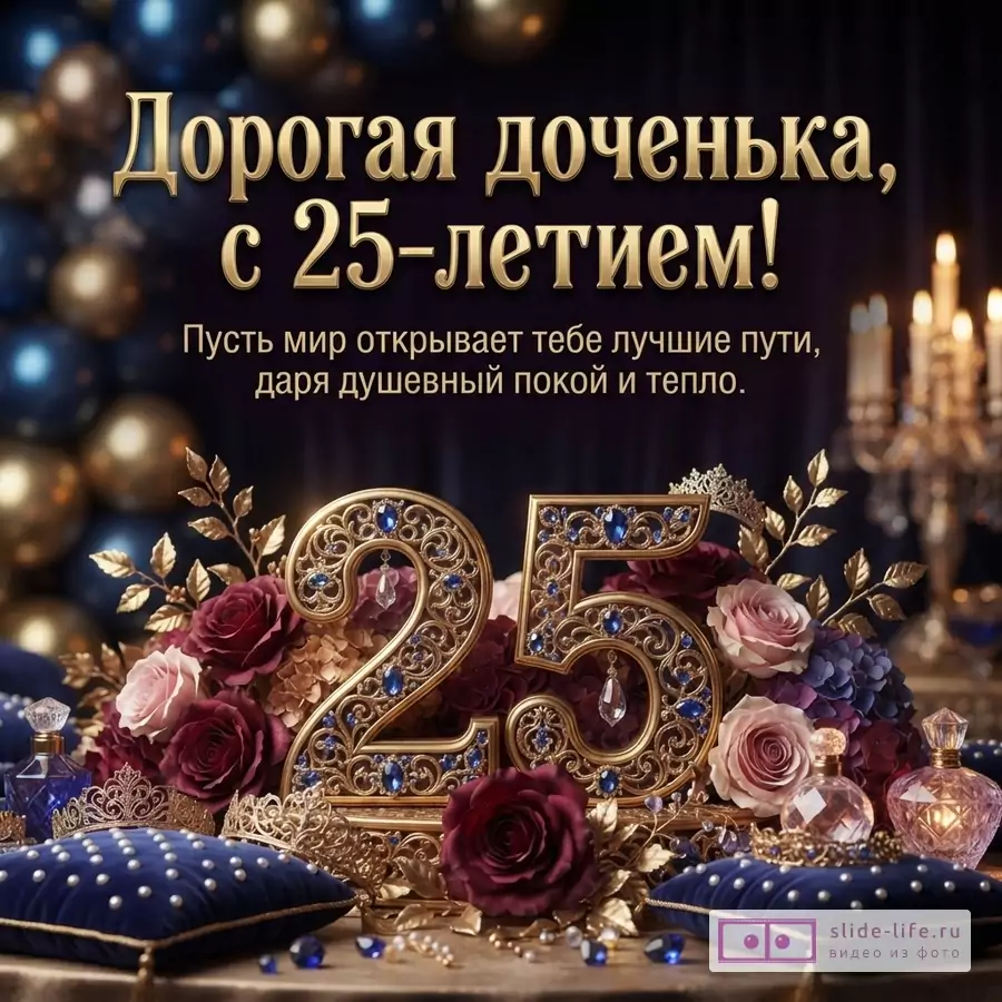 Темный фон, золотые и синие шары, свечи, розы, короны, подушки и крупная цифра 25, текст «Дорогая доченька, с 25-летием! Пусть мир открывает тебе лучшие пути, даря душевный покой и тепло.»