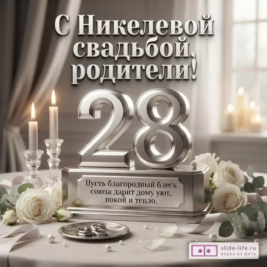 Открытка с надписью «С Никелевой свадьбой, родители!» и «Пусть благородный блеск союза дарит дому уют, покой и тепло.». На переднем плане серебристые цифры 28, обручальные кольца на блюдце, белые розы, свечи, жемчуг на светлом фоне.