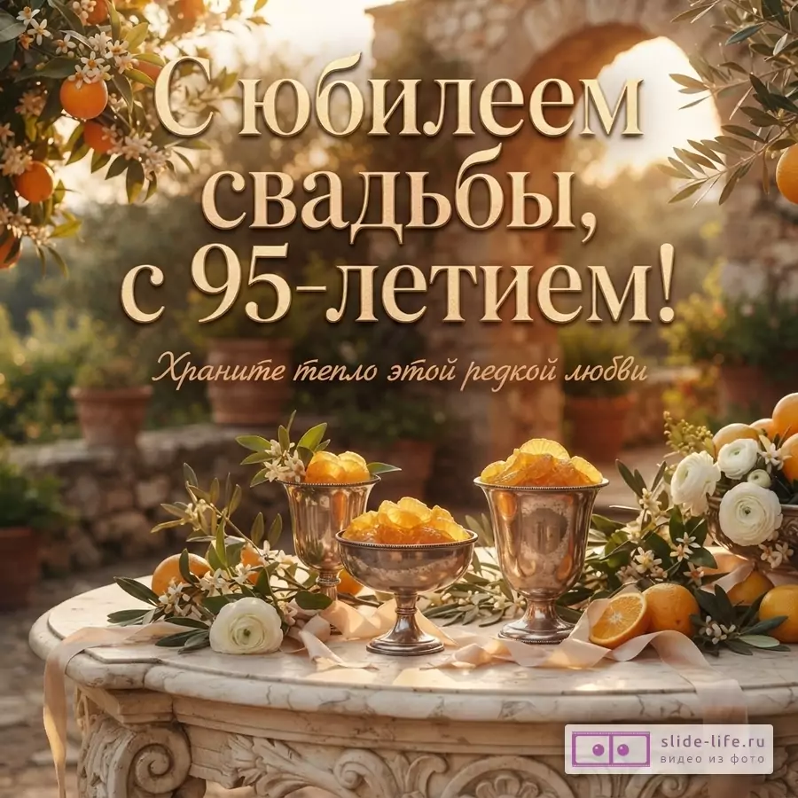 Мраморный стол с мармеладом в серебряных кубках, апельсинами и цветами в саду, текст «С юбилеем свадьбы, с 95-летием! Храните тепло этой редкой любви».