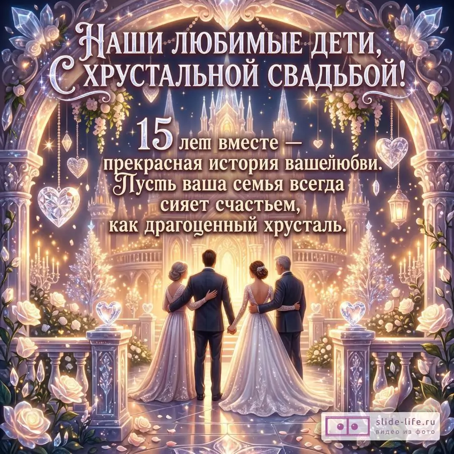 Хрустальная свадьба 15 лет — красивая открытка детям от родителей с пожеланиями счастья и любви