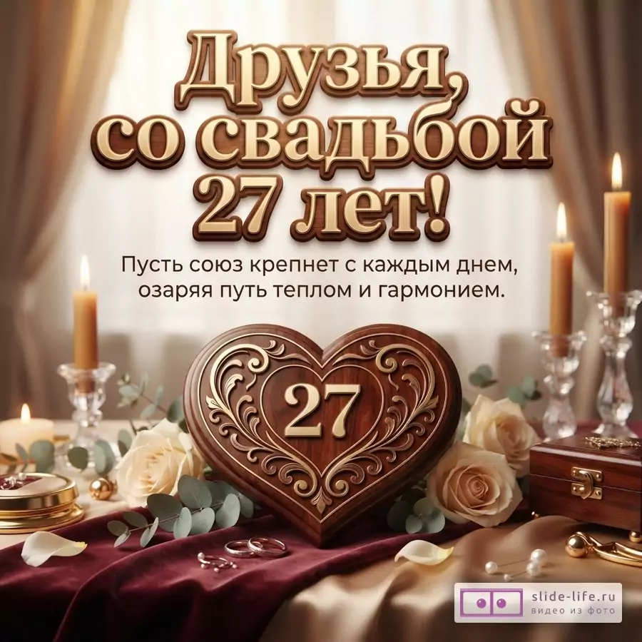 Открытка с бежевым фоном, на переднем плане деревянное сердце с цифрой «27», свечи, розы, кольца. Текст: «Друзья, со свадьбой 27 лет! Пусть союз крепнет с каждым днем, озаряя путь теплом и гармонией.»