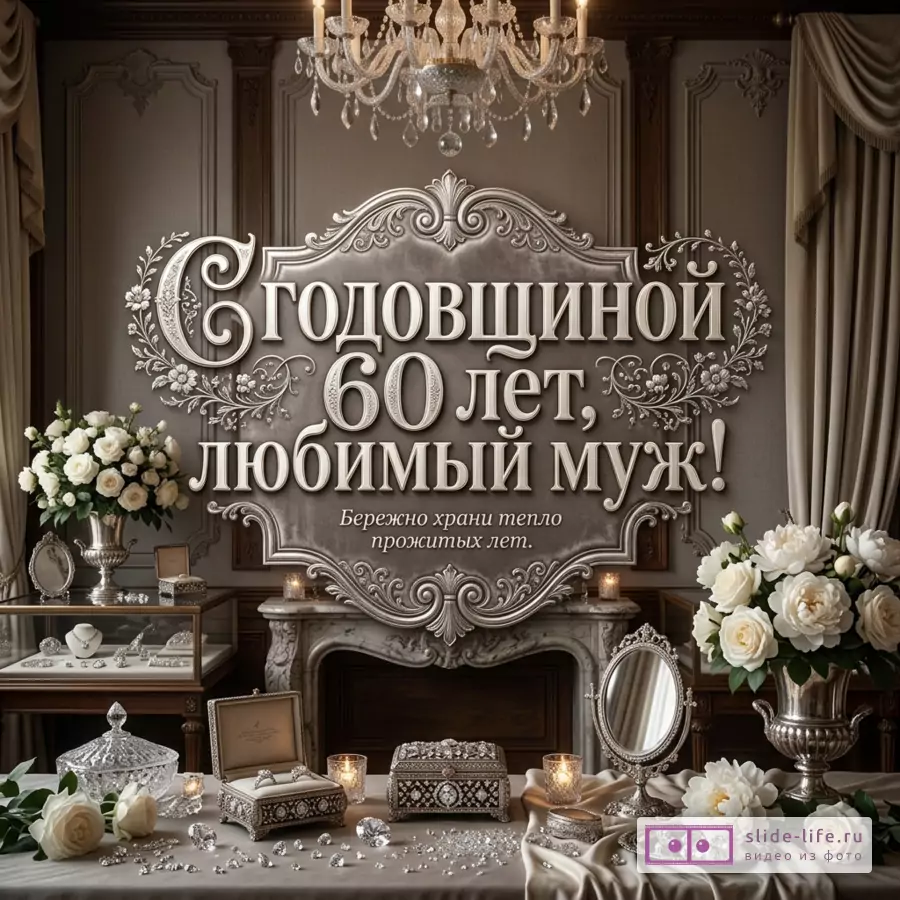 Интерьер в бежево-серых тонах, декоративная панель с текстом «С годовщиной 60 лет, любимый муж! Бережно храните тепло прожитых лет.», белые цветы, люстра, лампа, шкатулки, кристаллы