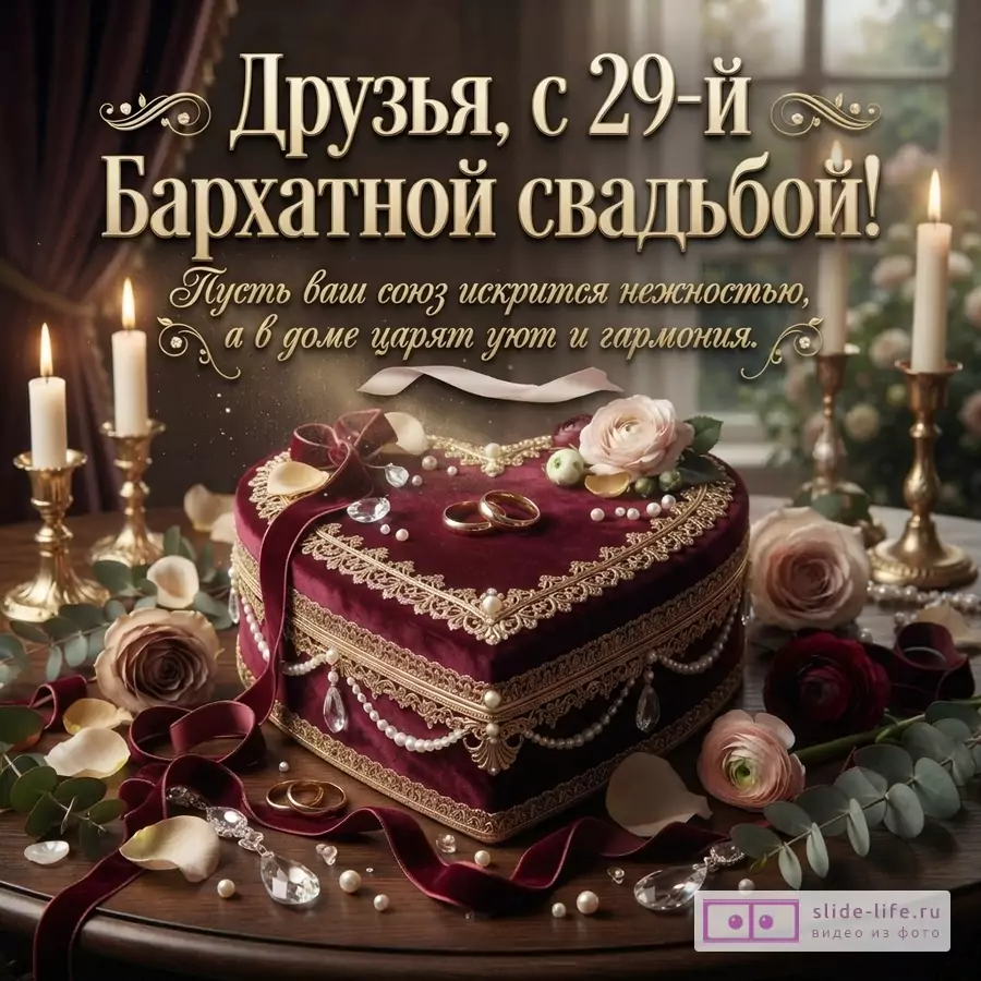 Открытка с бархатной шкатулкой в форме сердца, украшенной жемчугом и золотыми кольцами, на фоне свечей и роз. Текст: «Друзья, с 29-й Бархатной свадьбой! Пусть ваш союз искрится нежностью, а в доме царят уют и гармония.»