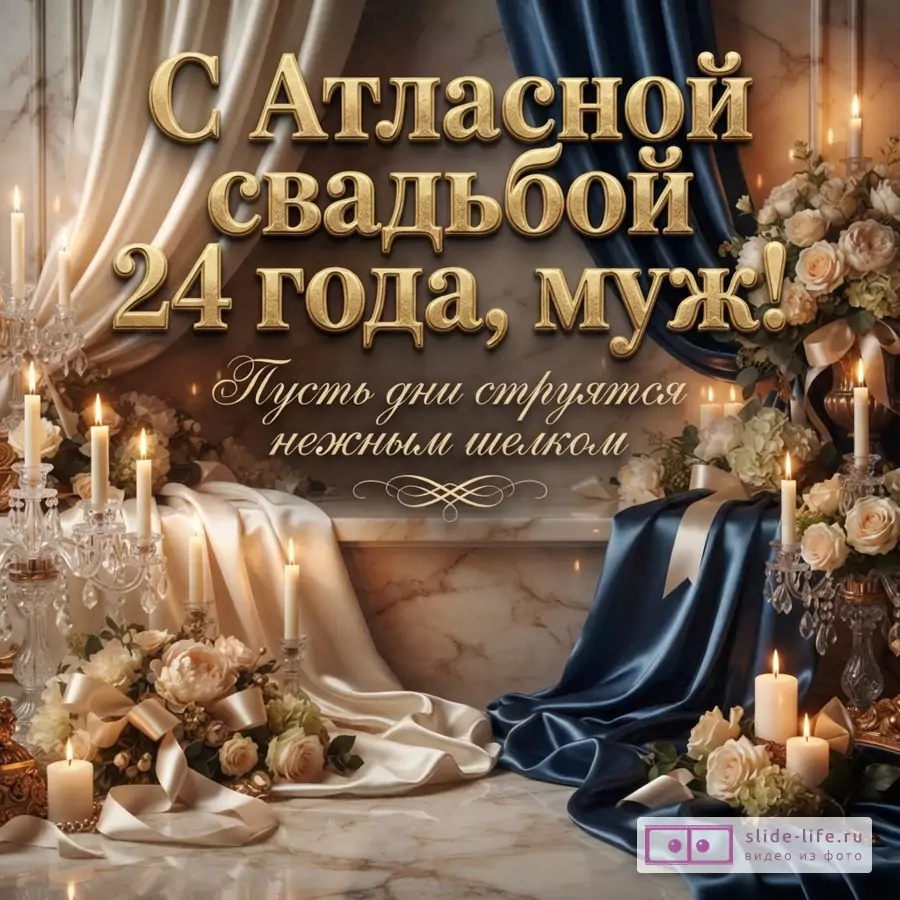 Драпировка из белого и синего атласа, свечи в канделябрах, розы и надпись «С Атласной свадьбой 24 года, муж! Пусть дни струятся нежным шелком».