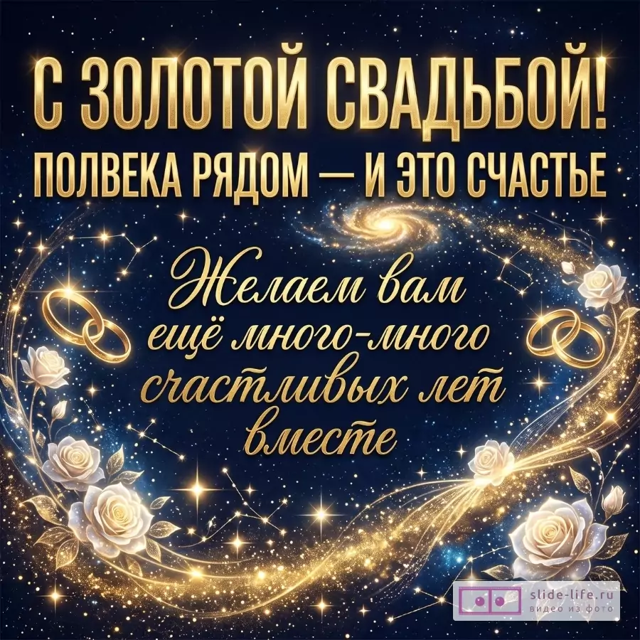 Темно-синий звездный фон, золотые кольца, розы и искры. Текст: «С ЗОЛОТОЙ СВАДЬБОЙ! ПОЛВЕКА РЯДОМ — И ЭТО СЧАСТЬЕ. Желаем вам ещё много-много счастливых лет вместе»