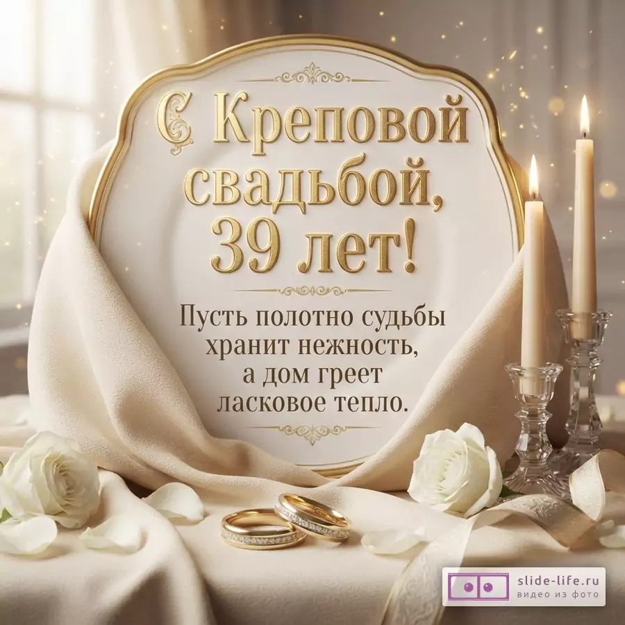 Бежевый фон, белая рамка с золотой окантовкой, две белые розы, два золотых кольца, две горящие свечи. Надпись «С Креповой свадьбой, 39 лет! Пусть полотно судьбы хранит нежность, а дом греет ласковое тепло.»