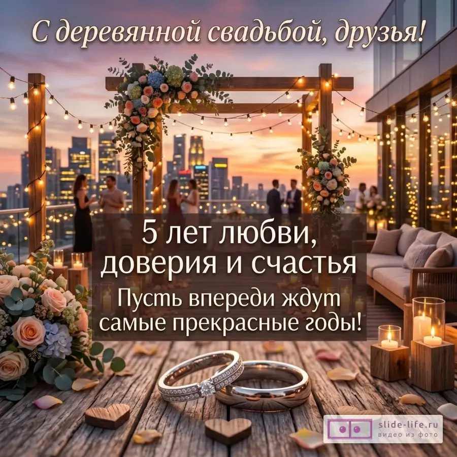С деревянной свадьбой, дорогие друзья! Душевная открытка на 5 лет совместной жизни