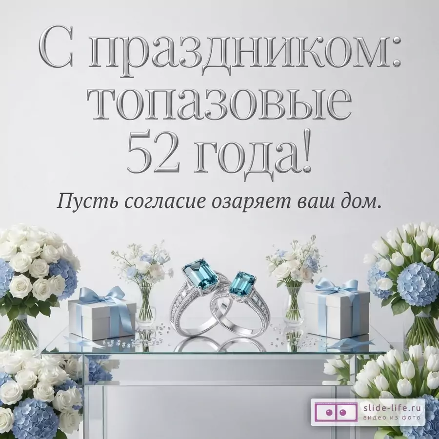 Светлый фон, два кольца с голубыми камнями, букеты белых роз и голубых гортензий, подарочные коробки. Текст «С праздником: топазовые 52 года! Пусть согласие озаряет ваш дом.»