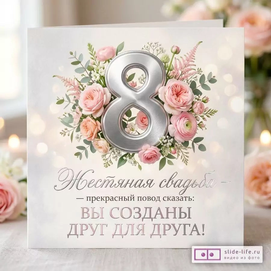 Белый фон, серебристая цифра 8, розовые цветы и зелень, размытые бежево-розовые огни. Текст: «Жестяная свадьба — прекрасный повод сказать: ВЫ СОЗДАНЫ ДРУГ ДЛЯ ДРУГА!»