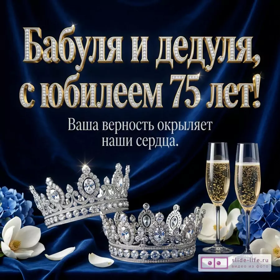 Синий шелковый фон, две бриллиантовые короны, два бокала с шампанским, белые цветы и надпись «Бабуля и дедуля, с юбилеем 75 лет! Ваша верность окрыляет наши сердца.»