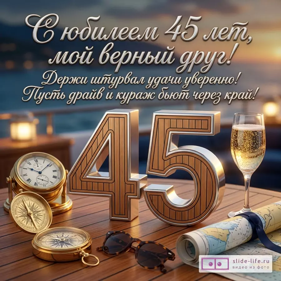 Открытка с фоном морского заката, на переднем плане деревянный стол с цифрами 45, бокалом шампанского, компасами, часами, солнцезащитными очками и картой. Текст: «С юбилеем 45 лет, мой верный друг! Держи штурвал удачи уверенно! Пусть драйв и кураж бьют через край!»